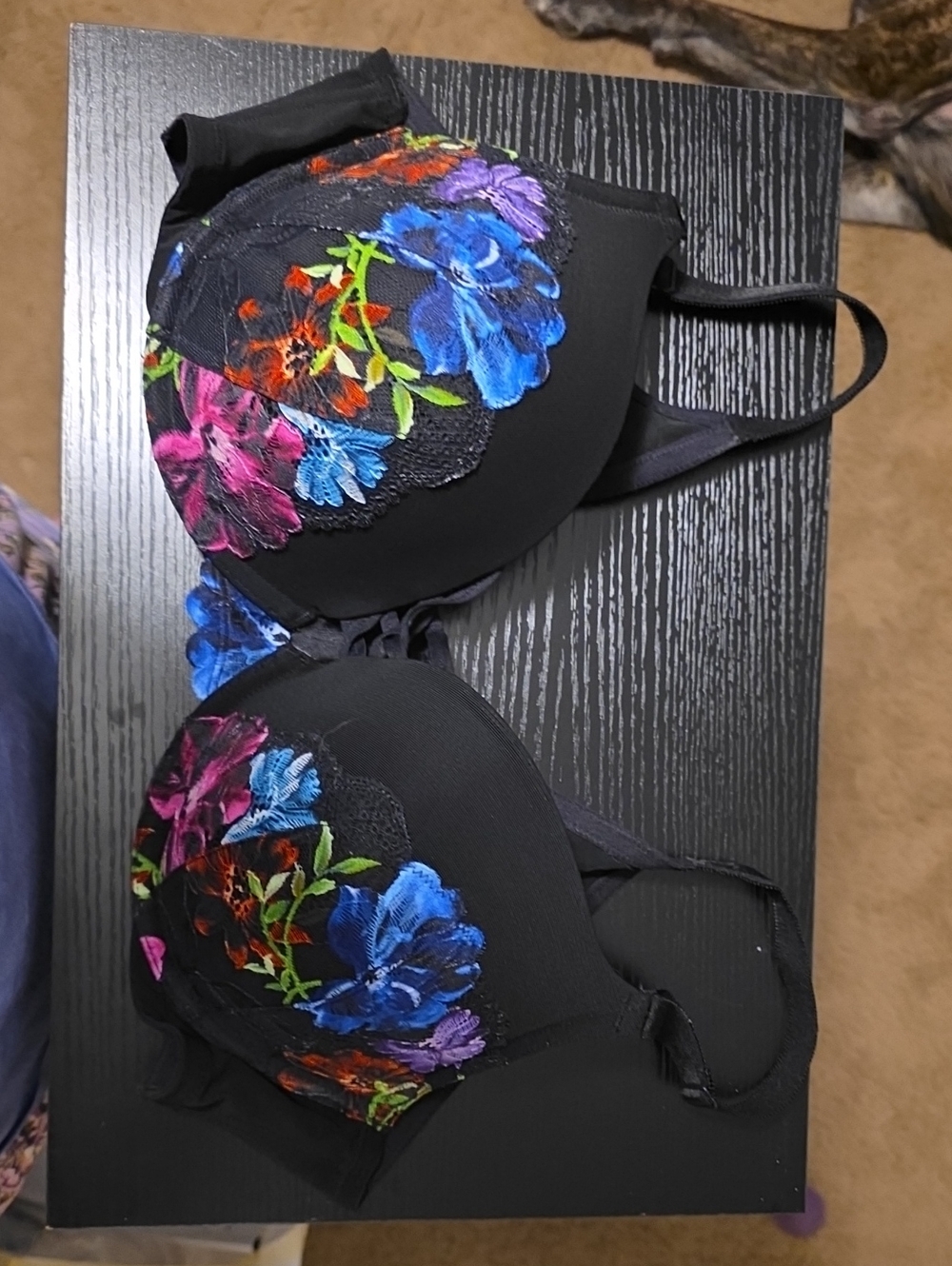 Floral Embroidered Black Underwire Bra